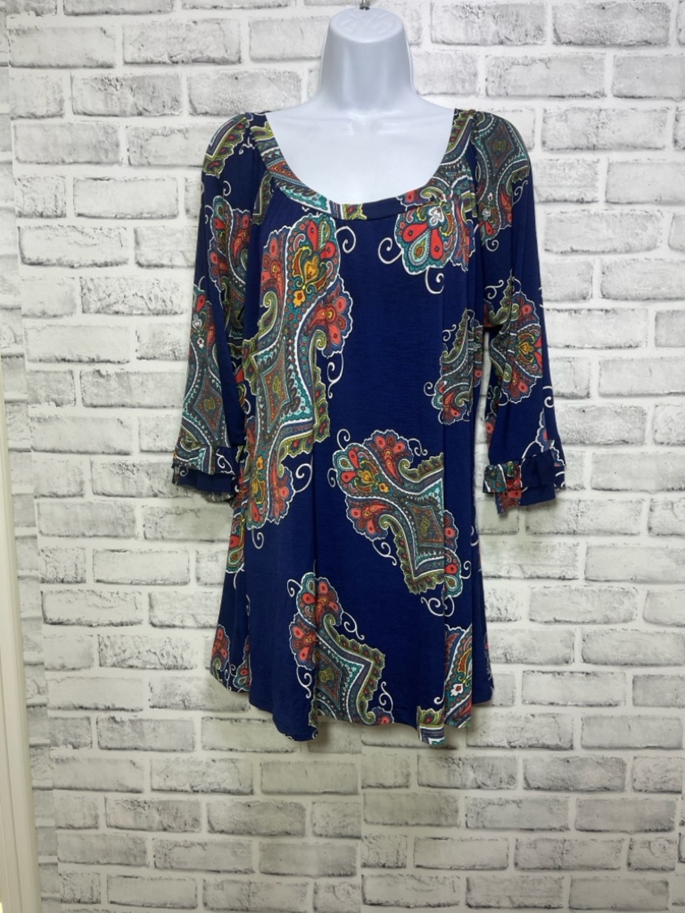 Voll Blue Paisley 3/4 Ruffle Sleeves Tunic XL